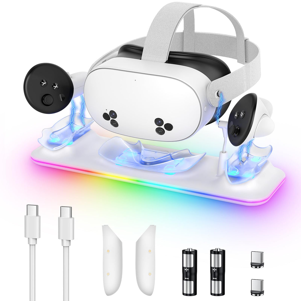 Charging Dock for Meta Quest 3S/3 Kinwin Magnetic Charging Station for Oculus Quest 3S/3 Accessories with RGB Light Charging Stand for VR Headset and Controller with 2 Rechargeable Batteries
