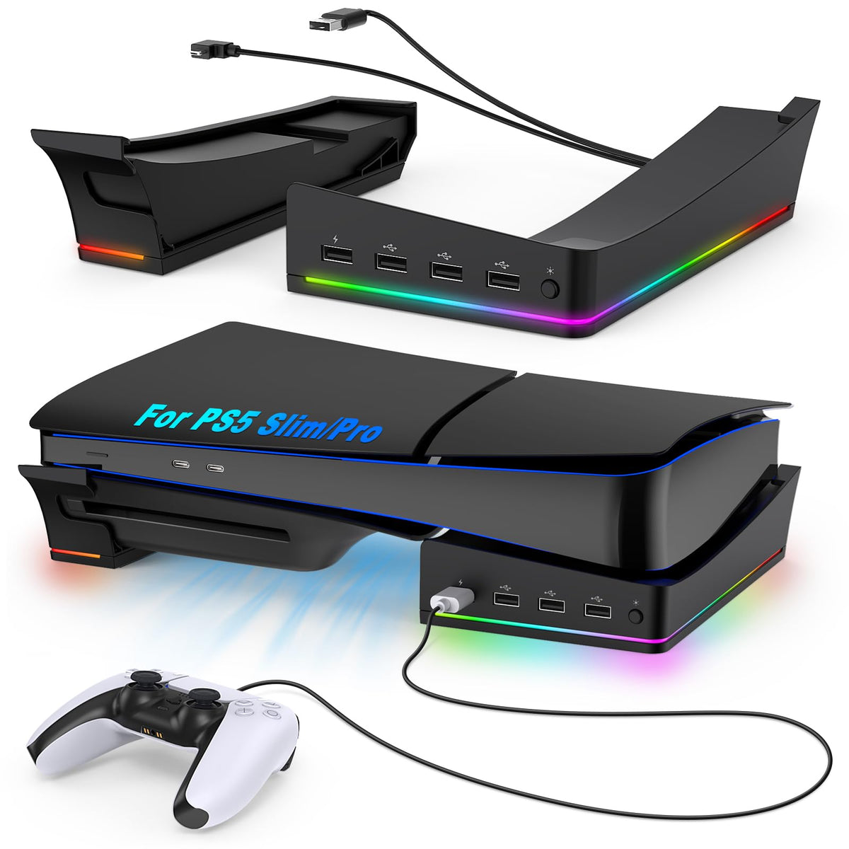 Auarte RGB Horizontal Stand for PS5 Pro / Slim Console Accessories with 14 Light Mode and 4 USB Hubs Side Stand for Playstation 5 Pro / Slim Disc & Digital Base Holder with Fast Charging Carbon Black