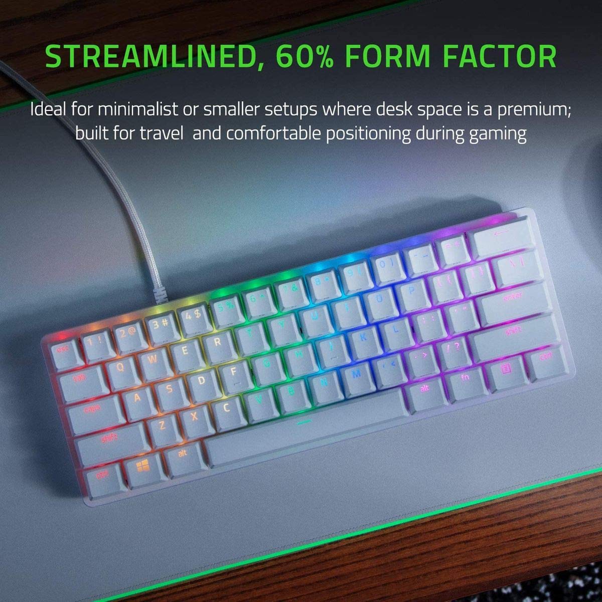 Razer Huntsman Mini 60% Gaming Keyboard - Clicky Optical Switches, Chroma RGB, PBT Keycaps, Mercury White, Model RZ03-03390300-R3M1