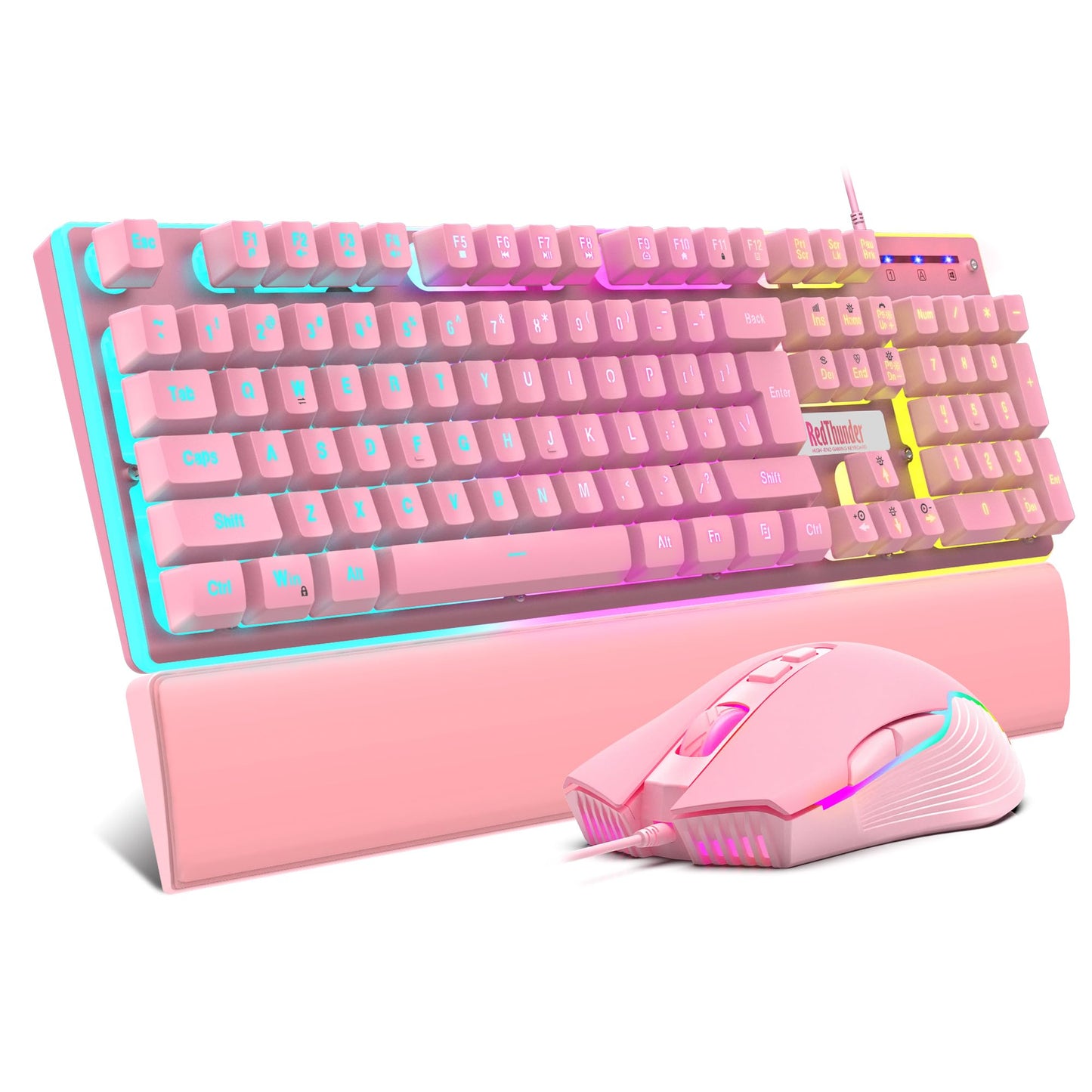 RedThunder K10 Wired Gaming Keyboard and Mouse and Wrist Rest Combo RGB Backlit Mechanical Feel Anti-ghosting Keyboard + 7D 7200 DPI Mice+Soft Leather Wrist Rest 3 in 1 PC Gamer Accessories(Pink)