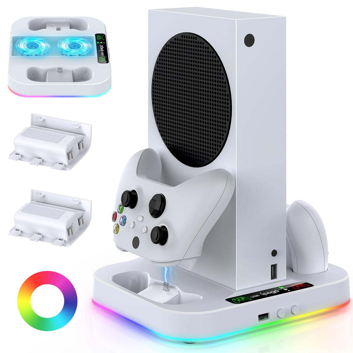 Cooling Stand for Xbox Series S Console with 15 Light Modes MENEEA Dual Fast Charger Station with 2x1400mAH Batteries Cooler System Accessories with 3-Speed Adjustable Fan 2.0 USB Port