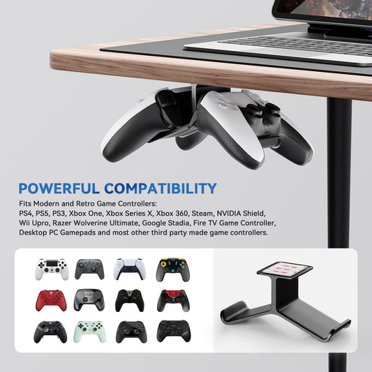 Yocice Controller Holder & Headphone Stand, Under Desk Design, Strong Double Sided Tape, Compatible with Xbox ONE, PS5, PS4, PC, Black