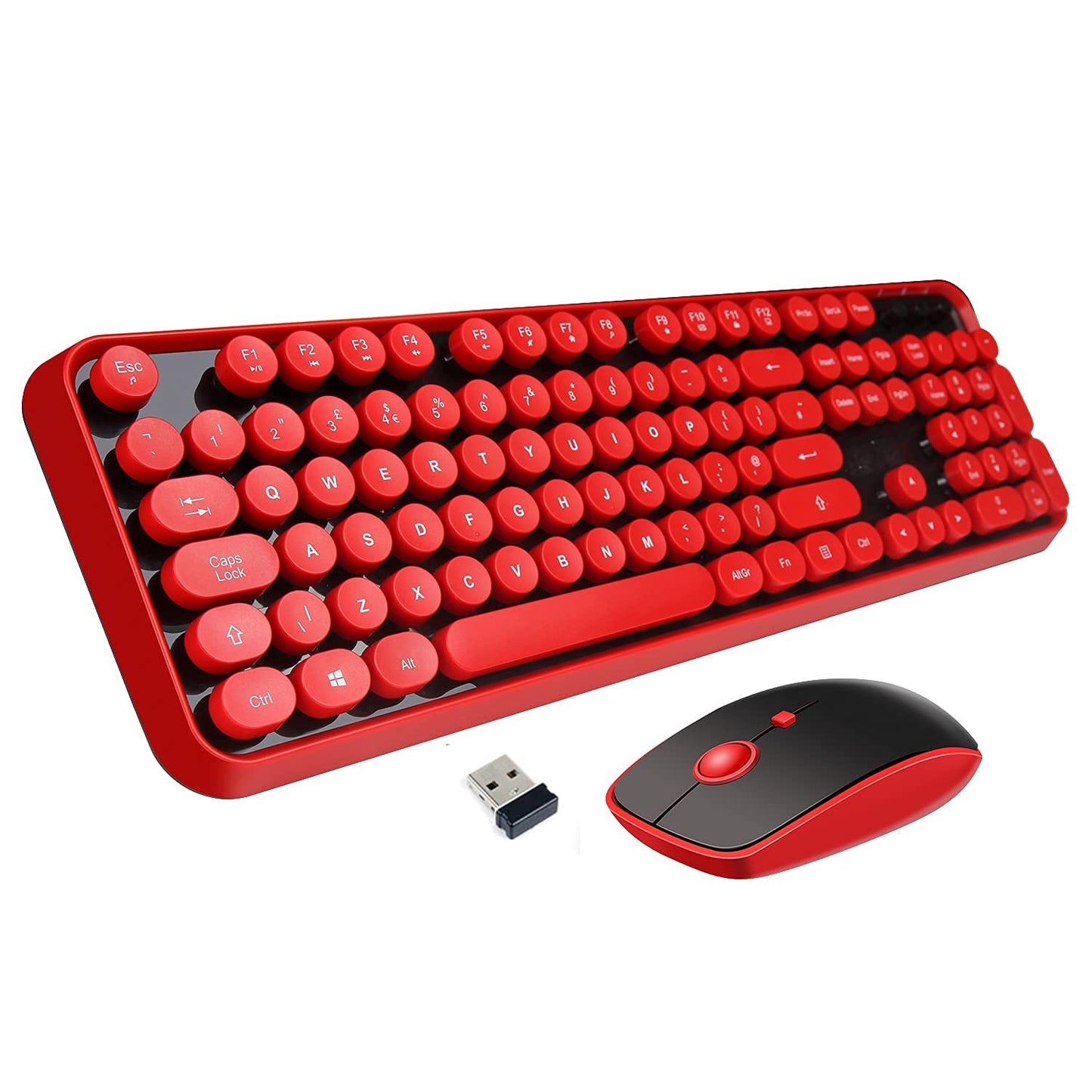 Wireless Keyboard Mouse Combo 2.4GHz Wireless Red Keyboard with 104 Round Retro Typewriter Style Key and Cute Mouse with 3 Adjustable DPI Compatible with PC Computer Laptop Desktop Note