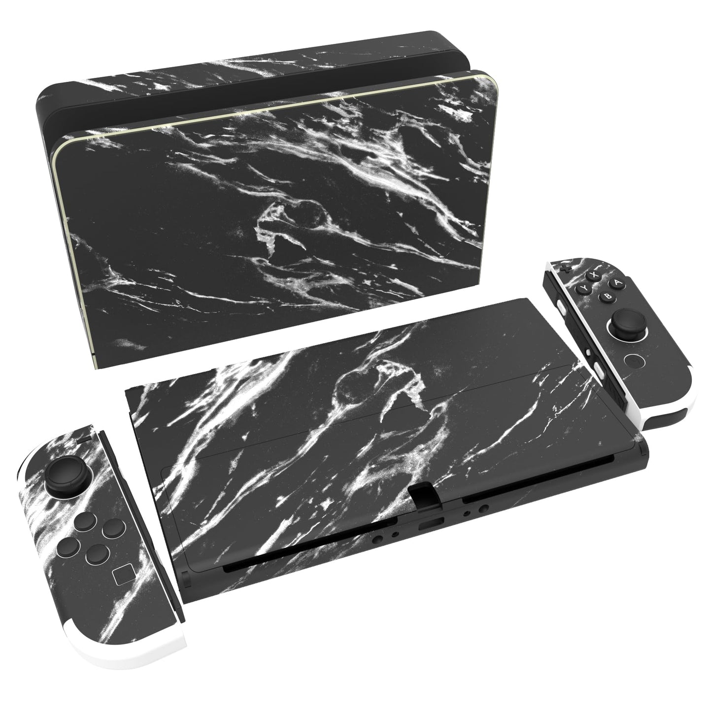 PlayVital Full Set Protective Stickers for Nintendo Switch OLED Model Customized Vinyl Decal Skins for Switch OLED Console & Joycon & Dock & Grip - Modern Black Marble