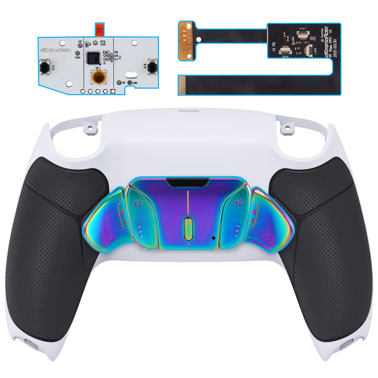 eXtremeRate Rainbow Aura Blue Purple Real Metal Buttons RMB RISE4 Remap Kit for PS5 Controller BDM-010 020 with Black Rubberized Grip White Back Shell Upgrade Board 4 Back Buttons for PS5 Controller