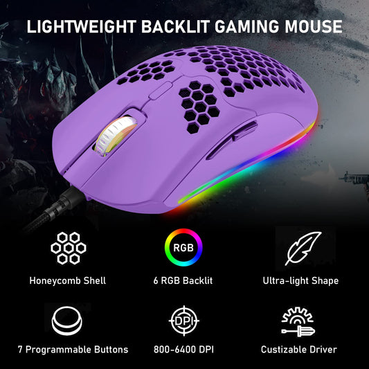 ZIYOU LANG Wired Lightweight Gaming Mouse - 6400DPI, 6 RGB Backlit, 7 Programmable Buttons, Ultralight Honeycomb Shell, Purple