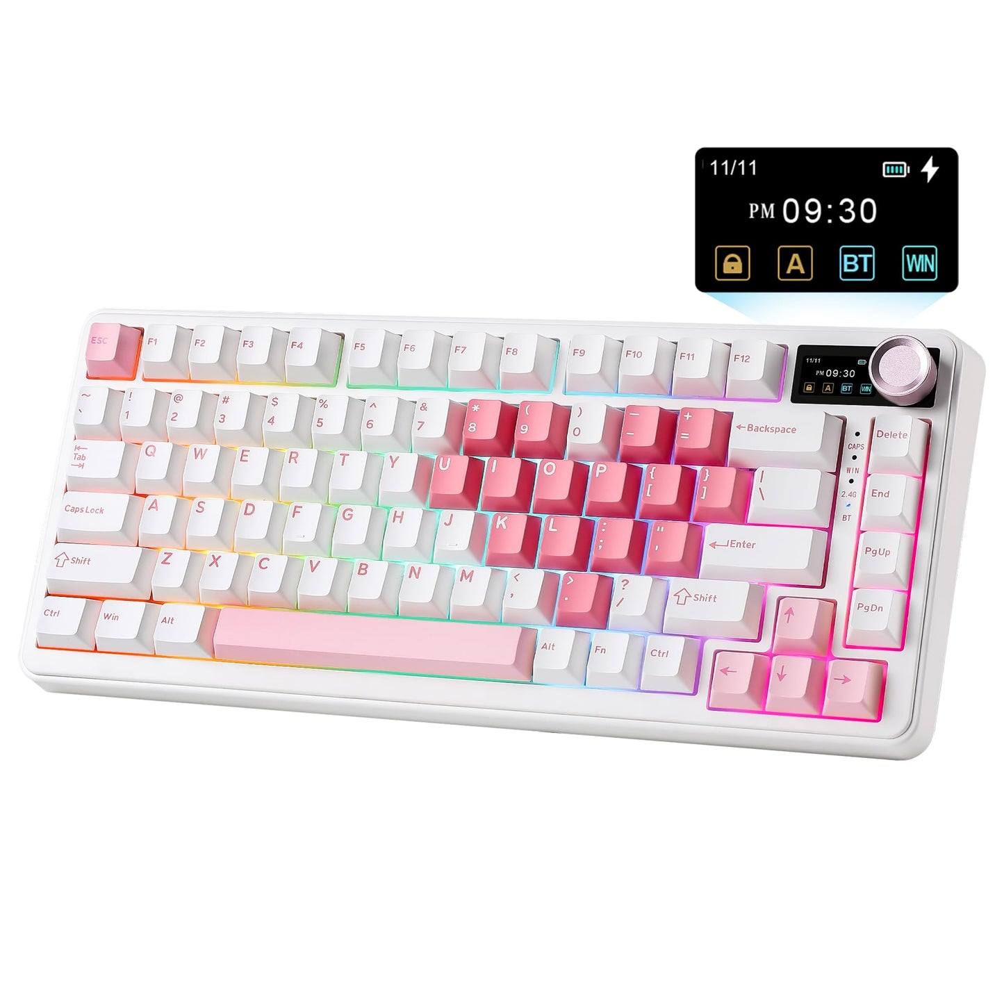 YUNZII B75 PRO MAX QMK/VIA Wireless Mechanical Keyboard 75% Layout with Screen and Knob Custom Hot Swap Gasket Creamy Pre-lubed Switches Bluetooth/Type-C/2.4G for Win/Mac (White Heart Candy Switch)