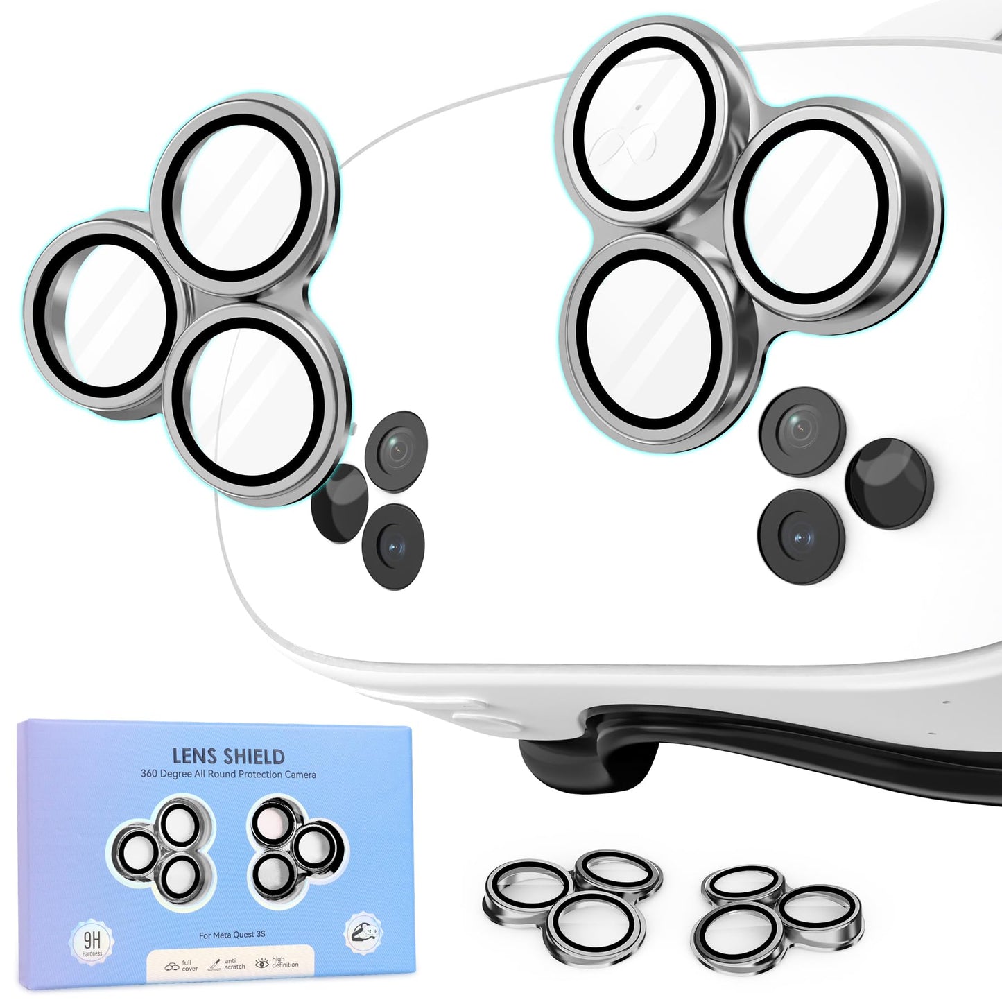 Camera Lens Protector Film for Meta/Oculus Quest 3s VR Accessories Lens Cover 9H Tempered Glass Aluminum Alloy Frame 360 All-round Protection HD Anti-Scratch Accessories for Quest 3s (Silver)