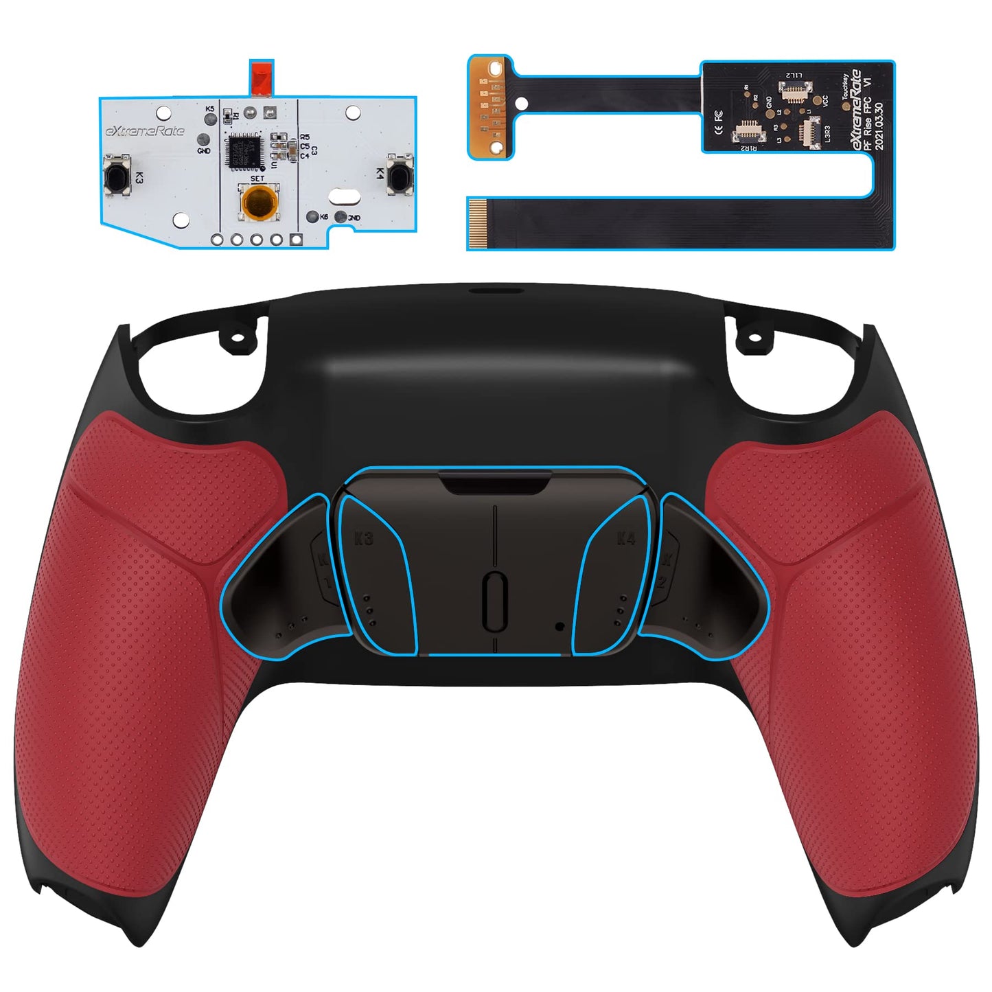 eXtremeRate Black Real Metal Buttons (RMB) Version RISE4 Remap Kit for PS5 Controller BDM-010 020 w/Red Rubberized Grip Black Redesigned Back Shell Upgrade Board & 4 Back Buttons for PS5 Controller