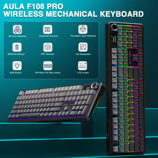 AULA F108 PRO Wireless Mechanical Keyboard, RGB Backlit, 8000mAh Battery, Gradient Black, Hot Swappable, Full Size