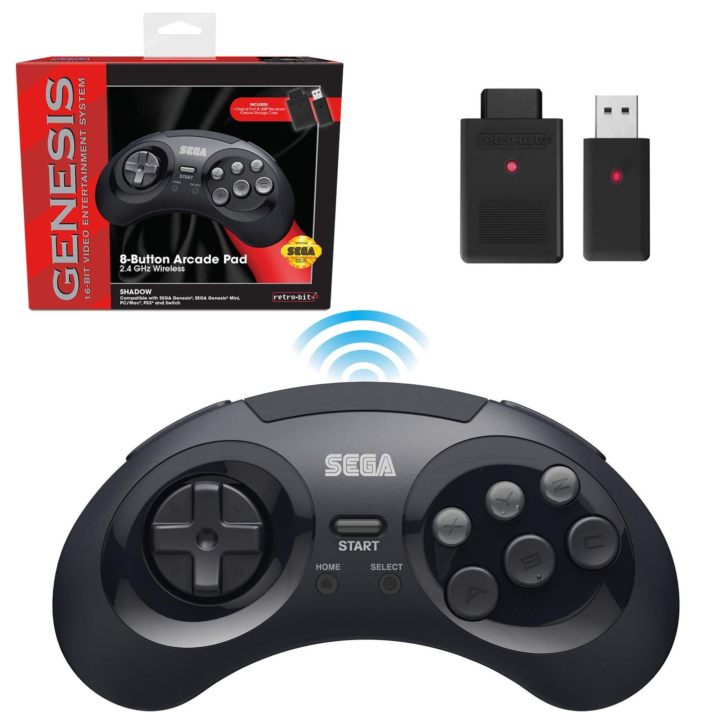 Retro-Bit Sega Genesis 2.4 GHz Wireless Controller 8-Button Arcade Pad for Sega Genesis Original/Mini, Nintendo Switch, PC, Mac