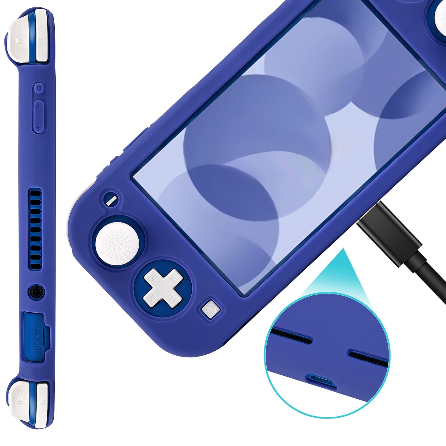 CHIN FAI Protective Case for Nintendo Switch Lite - Soft Grip Cover with Ergonomic Handles, Self Stand, 4 Thumb Stick Caps, Silicone-Blue