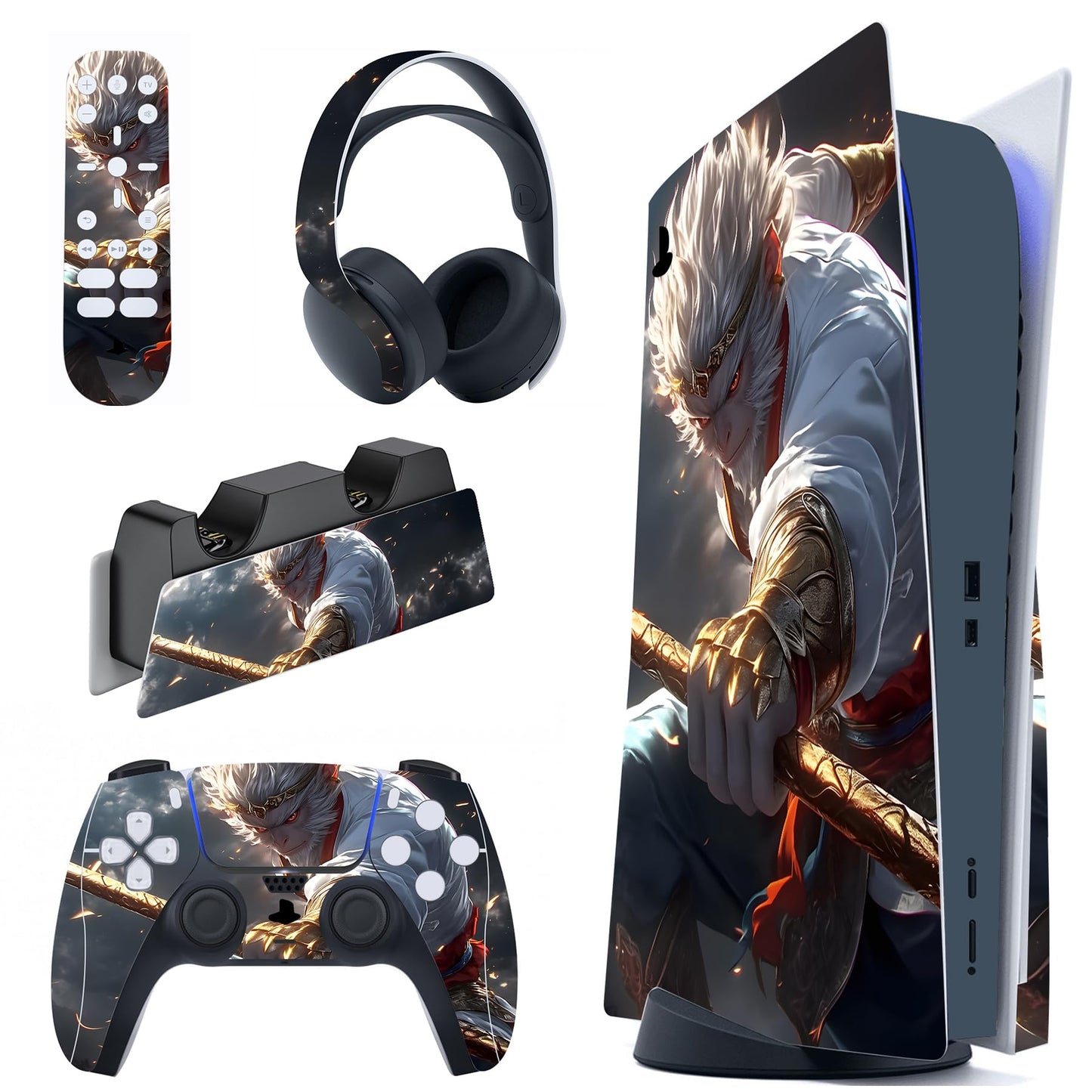 PlayVital for ps5 Skin - Disc Edition Full Set Console Controller Skin Vinyl Decal Wrap Sticker Cover for ps5 Controller & Charging Station & Headset & Media Remote - Sage Wukong