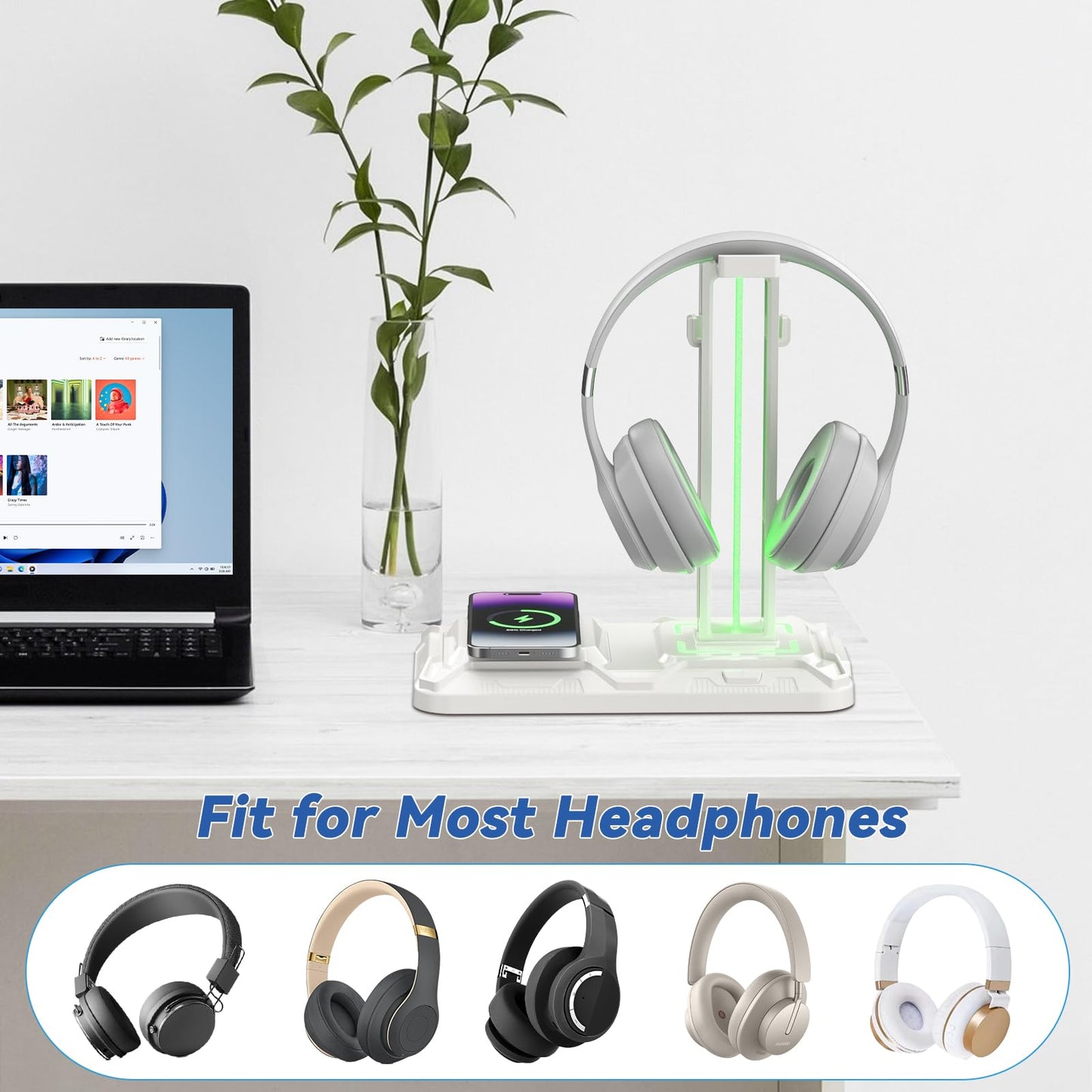 KDD RGB Headphone & Controller Stand - Wireless Charging, 9 Light Modes, 2 USB Ports, White, Model KDD-752W