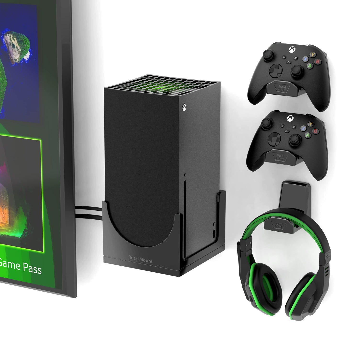 TotalMount - Wall Mount for Xbox Series X - Prevents Your Xbox from Falling by Securing Each Side (Large Bundle: Wall Mount and 3 Controller Holders)
