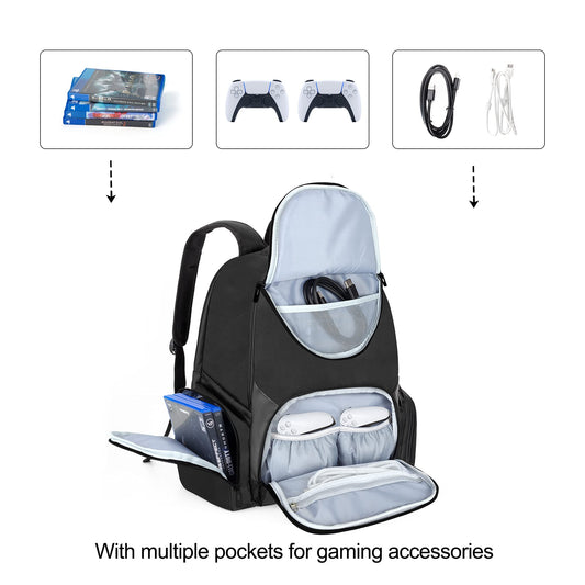 CURMIO Carrying Case for PS5/PS4/Xbox - Travel Backpack, Black Stripe, Model CACR07301