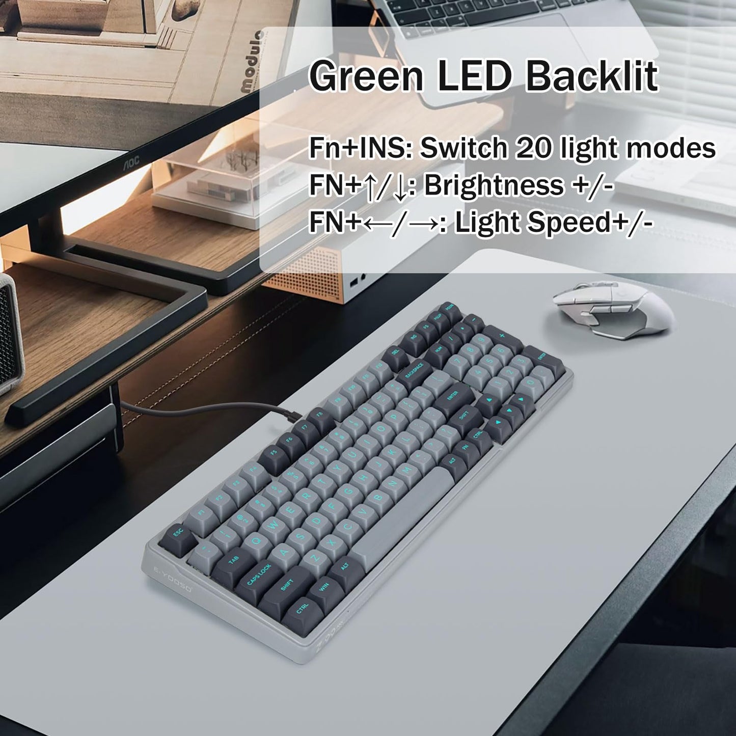 E-YOOSO Wired Mechanical Gaming Keyboard - Clicky Blue Switches, RGB Side Light, Gasket Structure, 99 Keys, Model: a7ea131c, Gray/Black