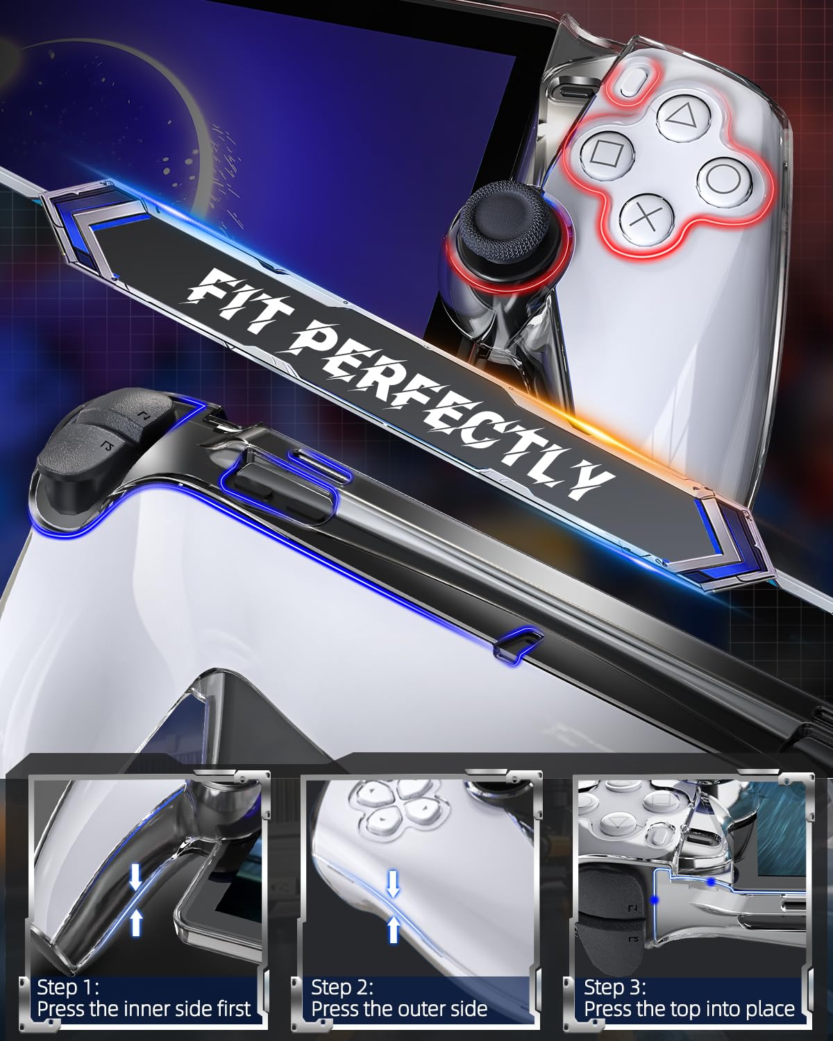 FYOUNG 3 in 1 Accessories Bundle for PS5 Portal - Carrying Case, Hard PC Clear Cover, Screen Protector, Red Blue, Model PSP7DR