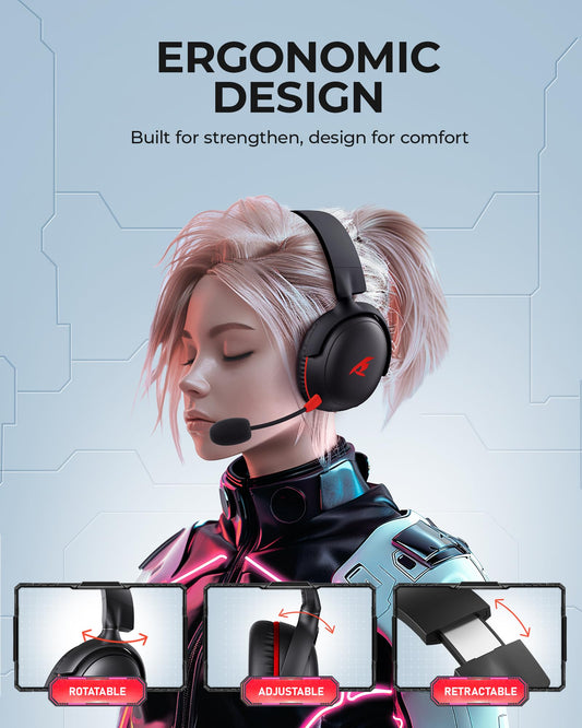 KOFIRE Wireless Gaming Headset, 2.4GHz USB, Bluetooth 5.4, 53MM 3D Stereo Sound, 65H Battery, ENC Mic, Black-Red