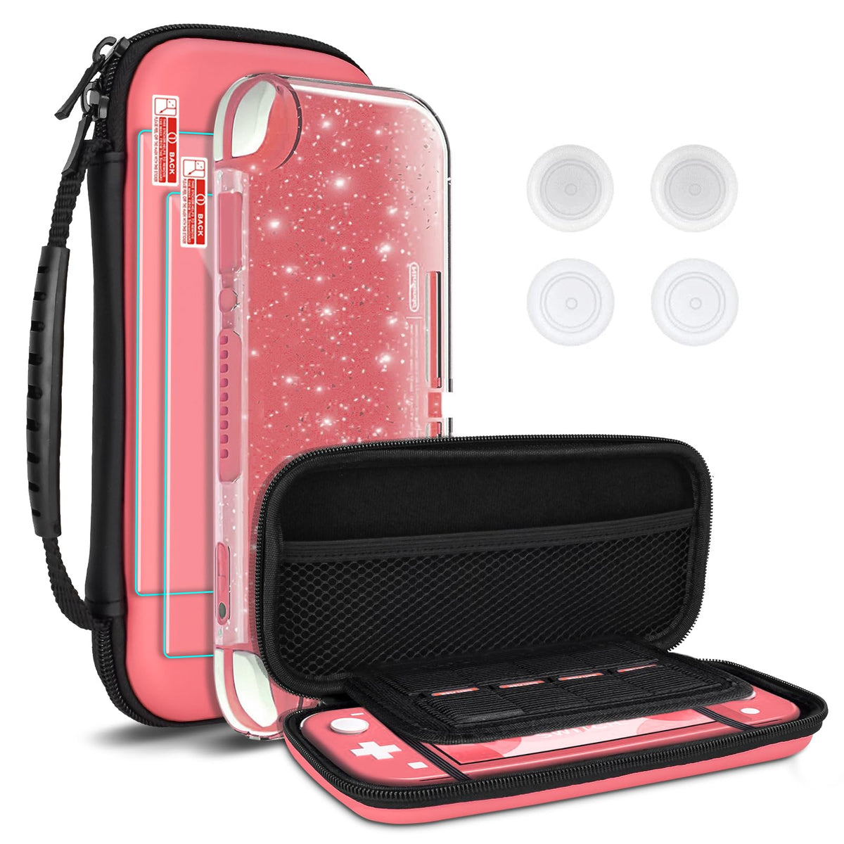 DLseego Carrying Case for Nintendo Switch lite Newest Design Portable Tpartyl Carrying Case 4 in 1 Accessories Kit with 1 Pcs Glitter case 2 Pcs Screen Protectors and 4 PcsThumb Grips Caps -- Pink