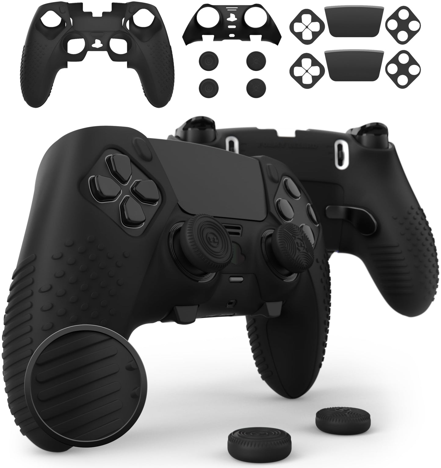 Foamy Lizard Eclipse PS5 Edge Controller Skin Combo Set | Dock Compatible Protector Decals Anti-Slip Soft Gel Silicone Cover Faceplate Shell & Thumb Grips for PlayStation 5 DualSense Edge (Black)