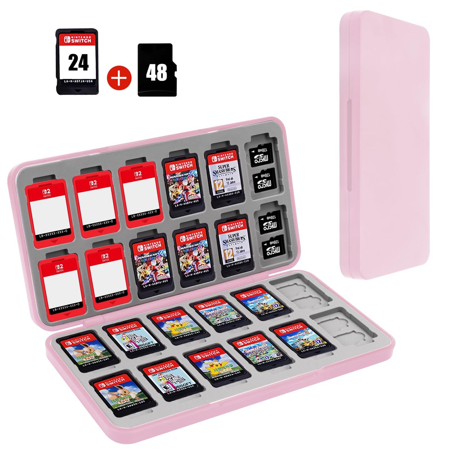 FYY Nintendo Switch Game Case Holder for Switch 2 refill unit Case with 24 Game Card sections & 48 Micro SD Card sections Hard Shell Silicone Lining Pink