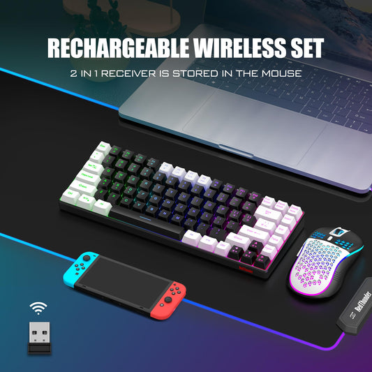 RedThunder K84 Wireless Gaming Keyboard & Mouse Combo, 75% TKL, Rainbow Backlit, Rechargeable, Black-White