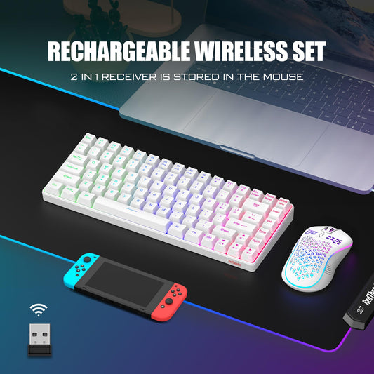 RedThunder K84 Wireless Keyboard & Mouse Combo, 75% TKL, Rainbow Backlit, Rechargeable, White
