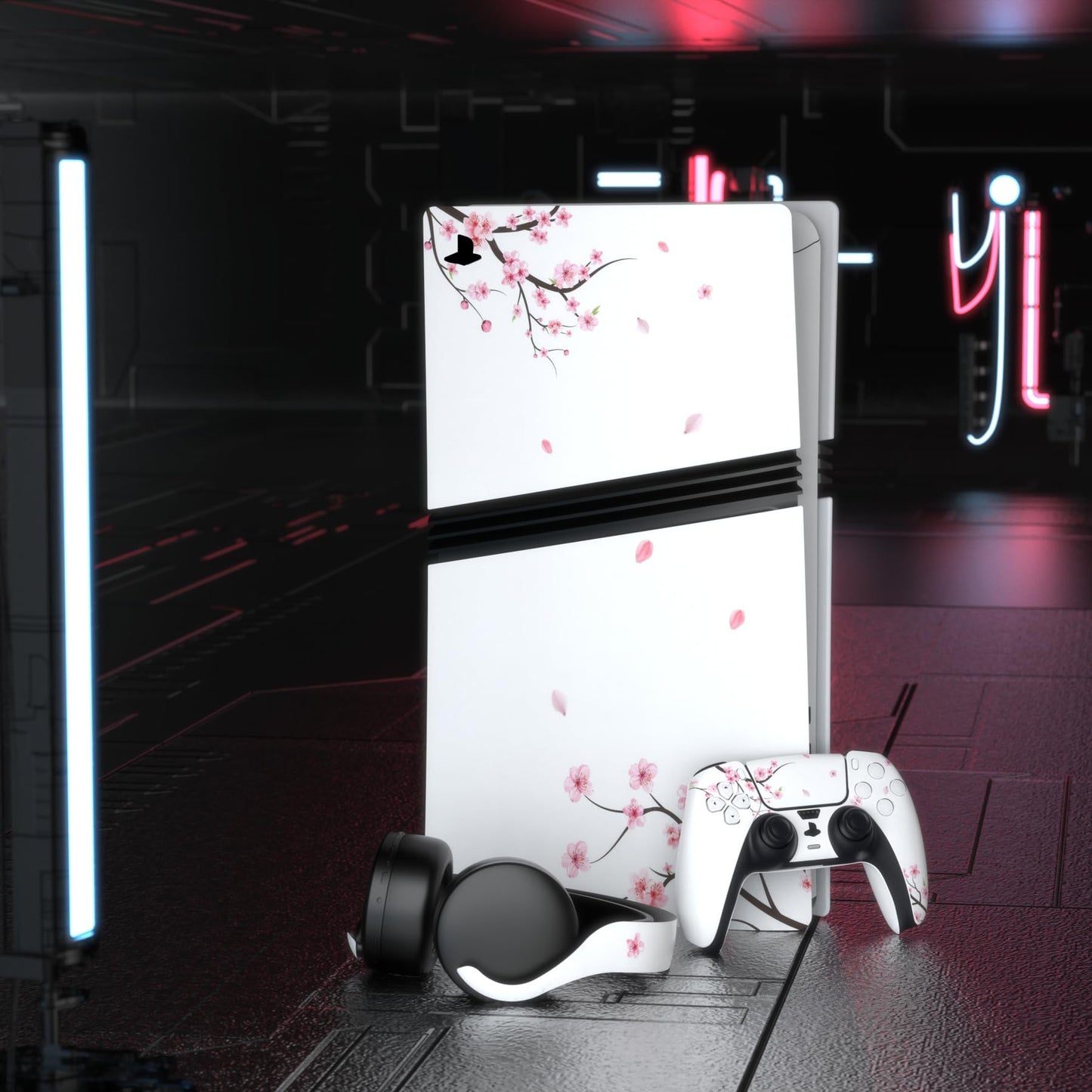 PlayVital PS5 Pro Skin Full Set - Protective Vinyl Decal, Falling Cherry Blossom, for Console, Controller, Headset, Charging Station