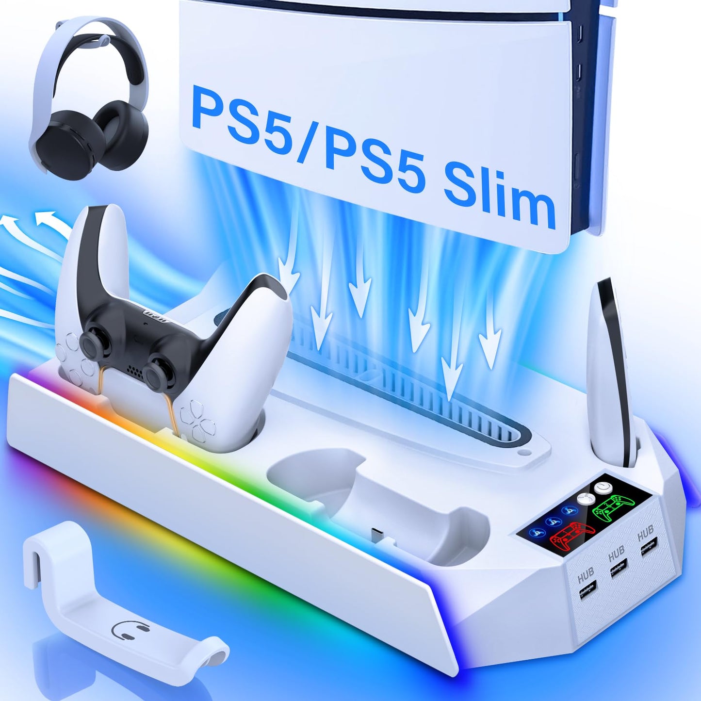 PS5 Slim / PS5 Cooling Station with Controller Charging Station for PlayStation 5 Console Disc/Digital PS5 Cooling Stand Accessories with RGB Light/Charger/Cooler Fan/3 USB Hubs/Headset Holder/Screw