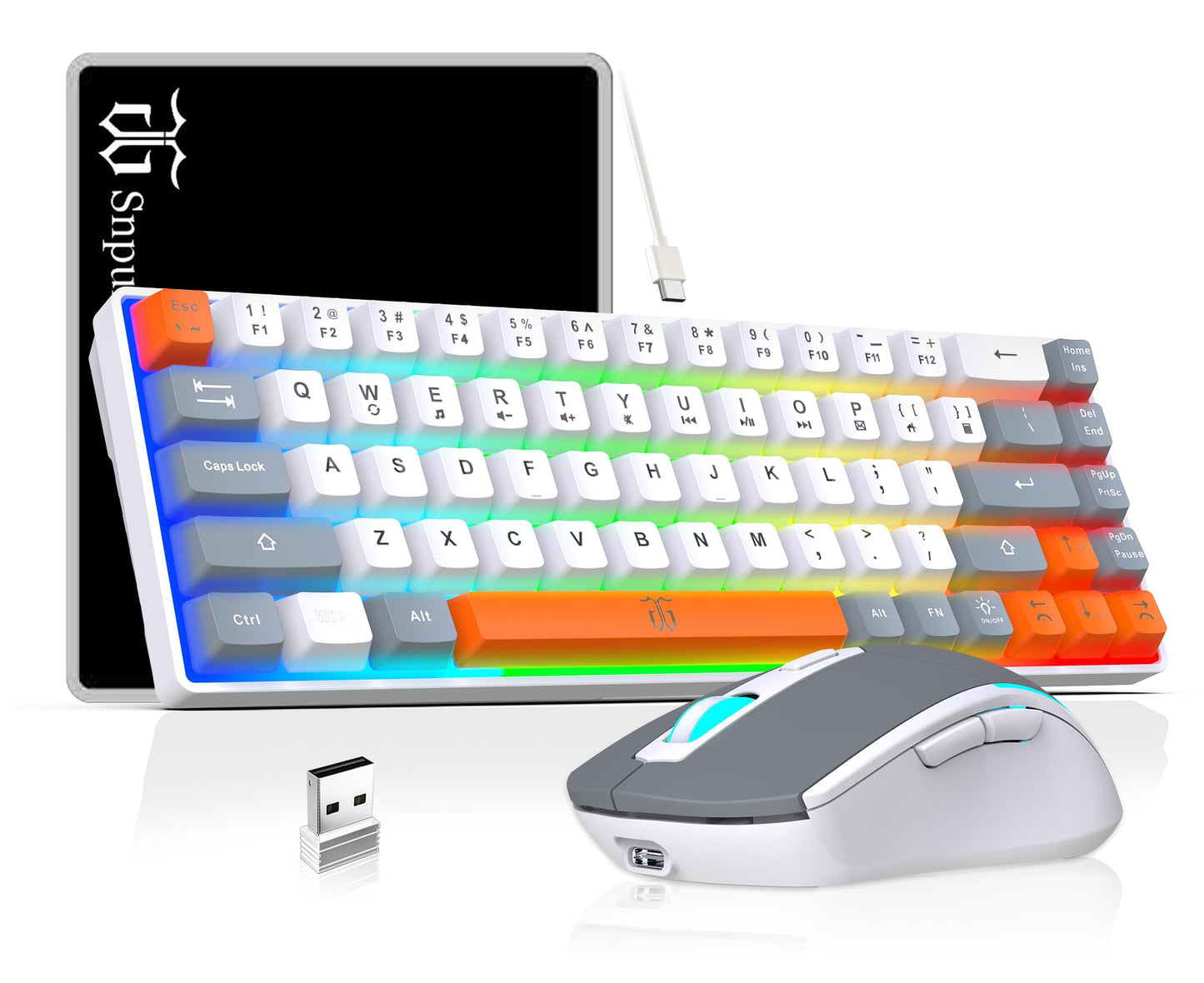 Snpurdiri 60% Wireless Gaming Keyboard and Mouse Combo Rainbow Backlit Rechargeable 2000mAh Battery Mini Mechanical Feel Keyboard +Popular RGB Mice for Gaming Business Office(Gray-White-Orange)