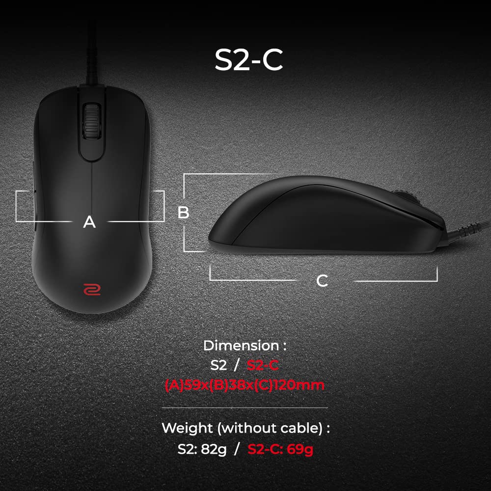 BenQ Zowie S2-C Gaming Mouse - Symmetrical, Driverless, Paracord Cable, Small Size, Matte Black