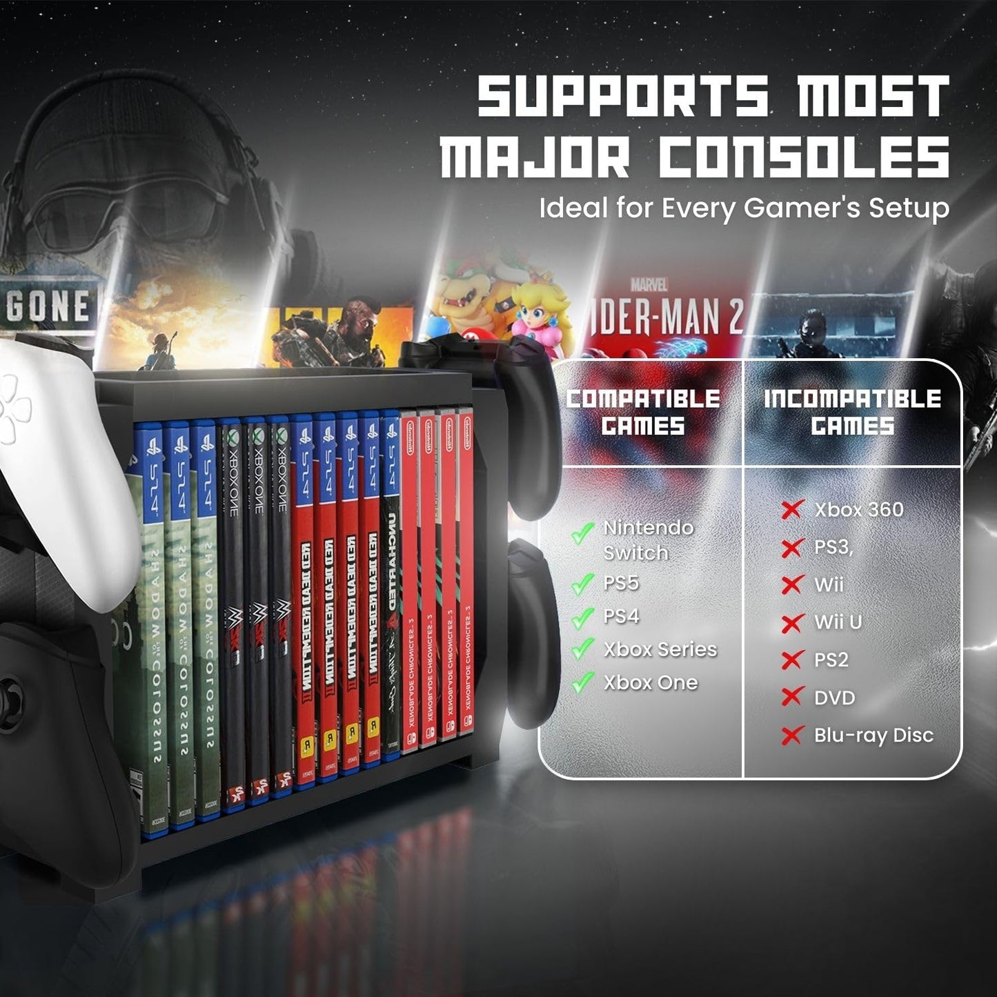 TNP Products PS5 Games Storage Tower, Holds 15 Discs & 4 Controllers, Black, Model PS5_DIC_STG