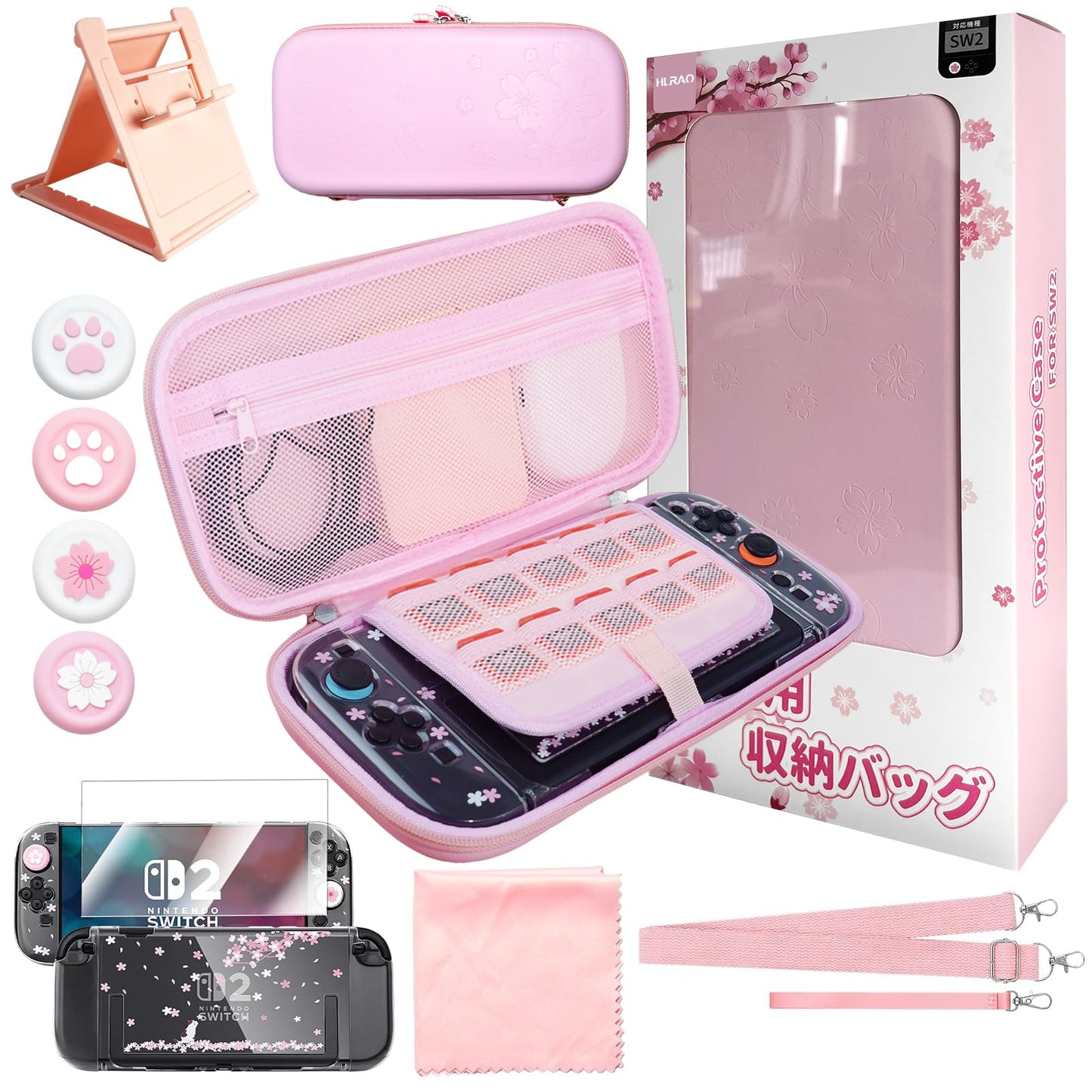 HLRAO Pink Travel Carrying Case Accessories Kit Compatible with Nintendo Switch 2 (2025).Pink Switch 2 Hard Protective Cover Adjustable Stand Screen Protector & Cute Thumb Grips 10 in 1 Gift.