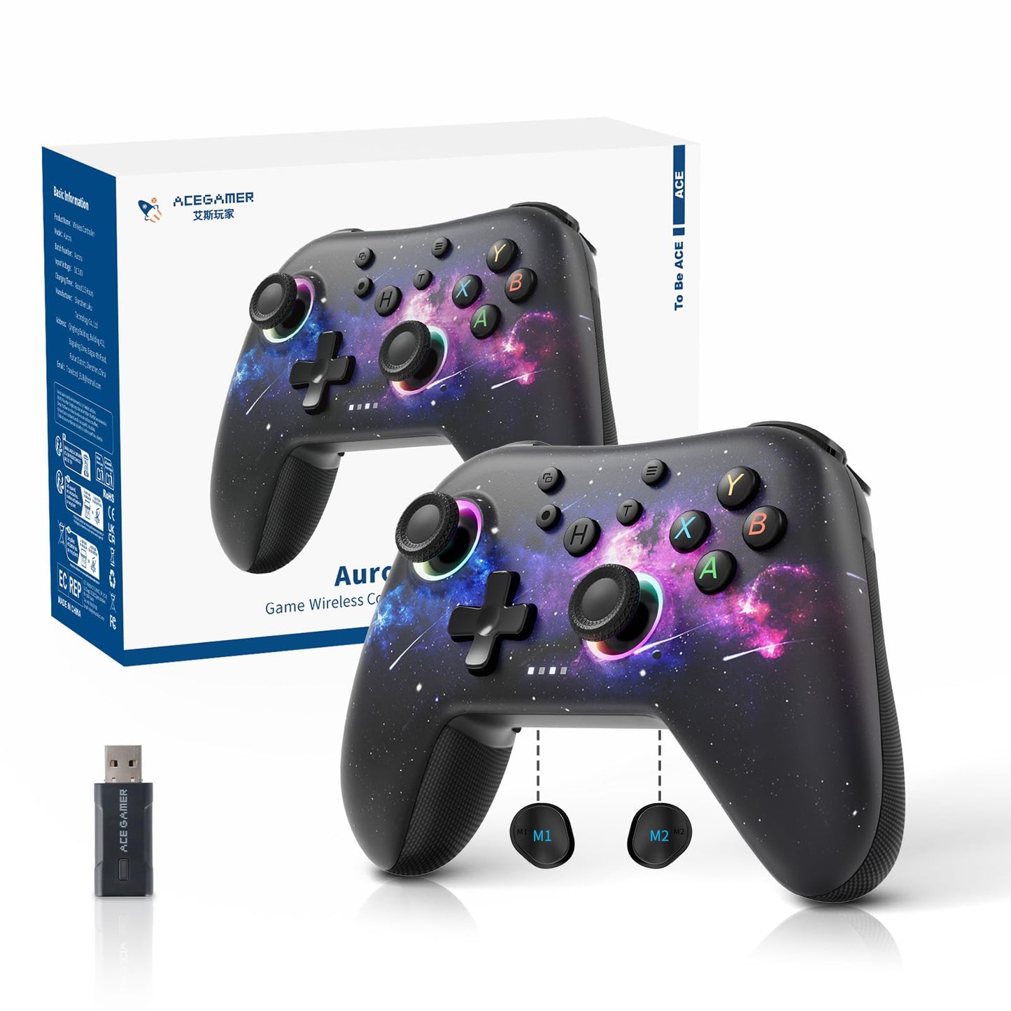 AceGamer Aurora II 2.4G Wireless Bluetooth Controller for PC/Android/Switch/iOS/Switch 2/Steam Deck with Rotary Motors RGB Hall Effect Joysticks - Upgraded PC Gaming Controller and Back Buttons Lock (Galaxy)