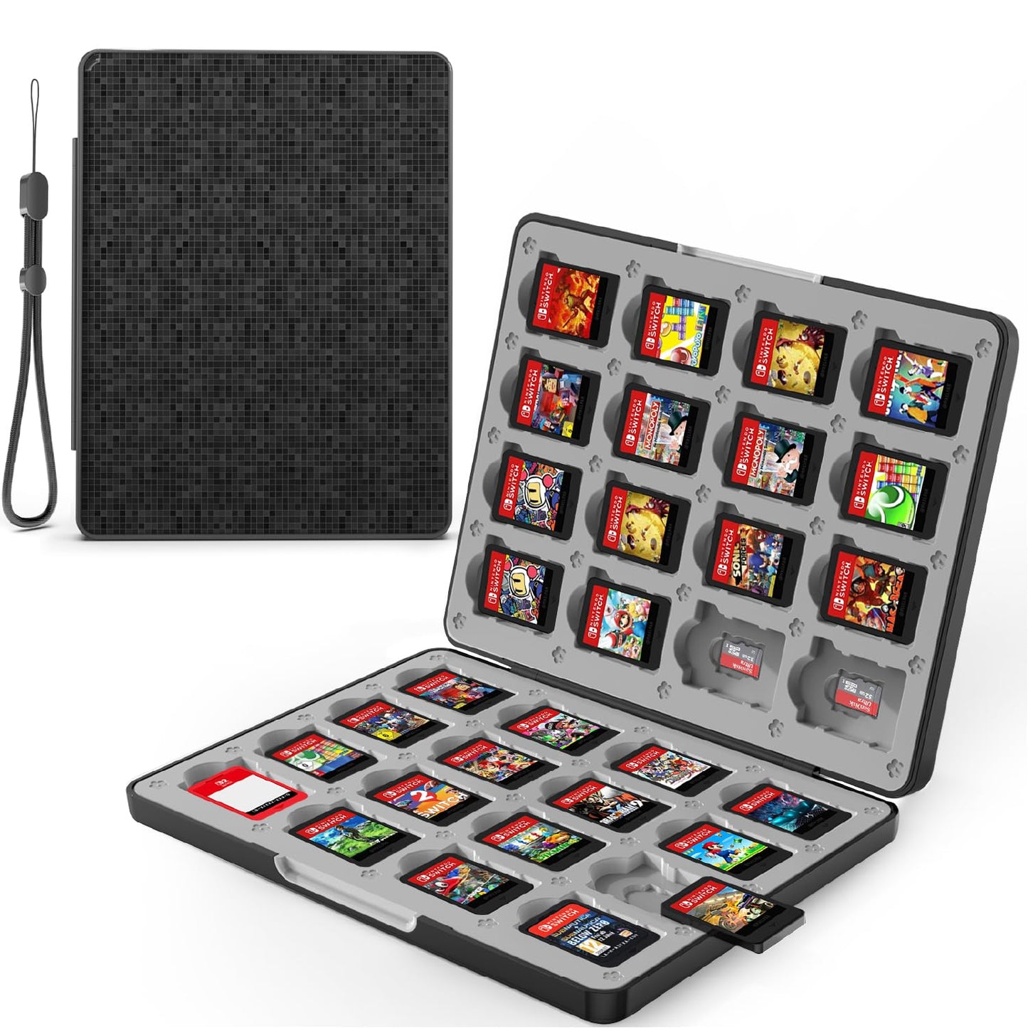 Fosmon Game Card Case for Nintendo Switch 2 / 1 / OLED / Lite 32 Games Cartridge Storage Holder with 32 Micro SD Card Slots Magnetic Closure Hard Shell Silicone Lining Black