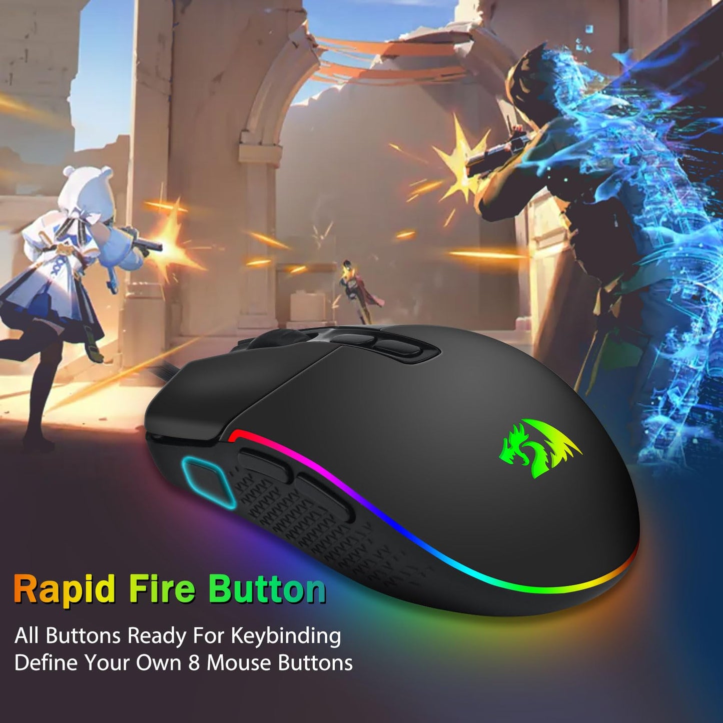 Redragon M719 Antonium RGB Gaming Mouse - 10,000 DPI, 8 Programmable Buttons, Black, Wired with DIY Keybinds & Backlit Modes
