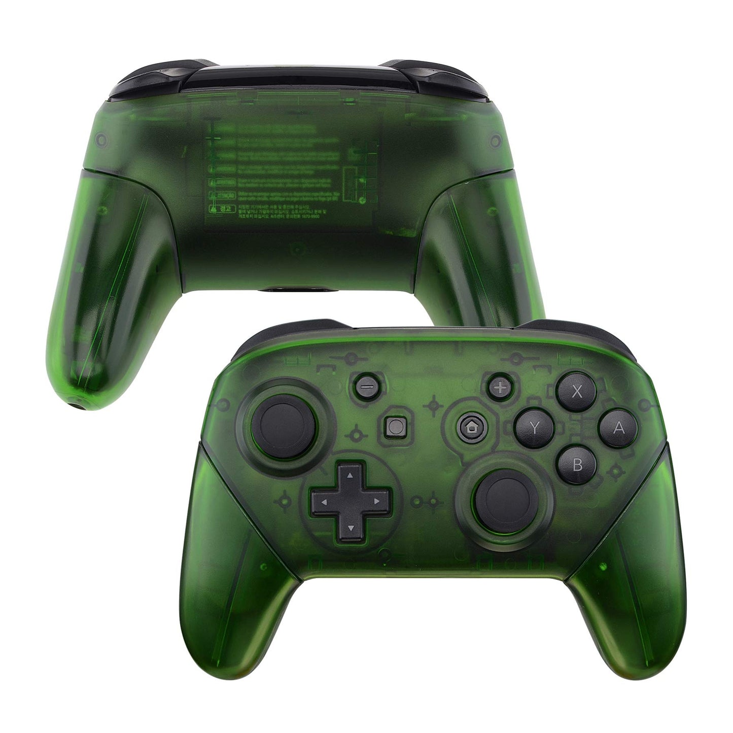 eXtremeRate Transparent Clear Green Faceplate Backplate Handles for Nintendo Switch Pro Controller, DIY Replacement Grip Housing