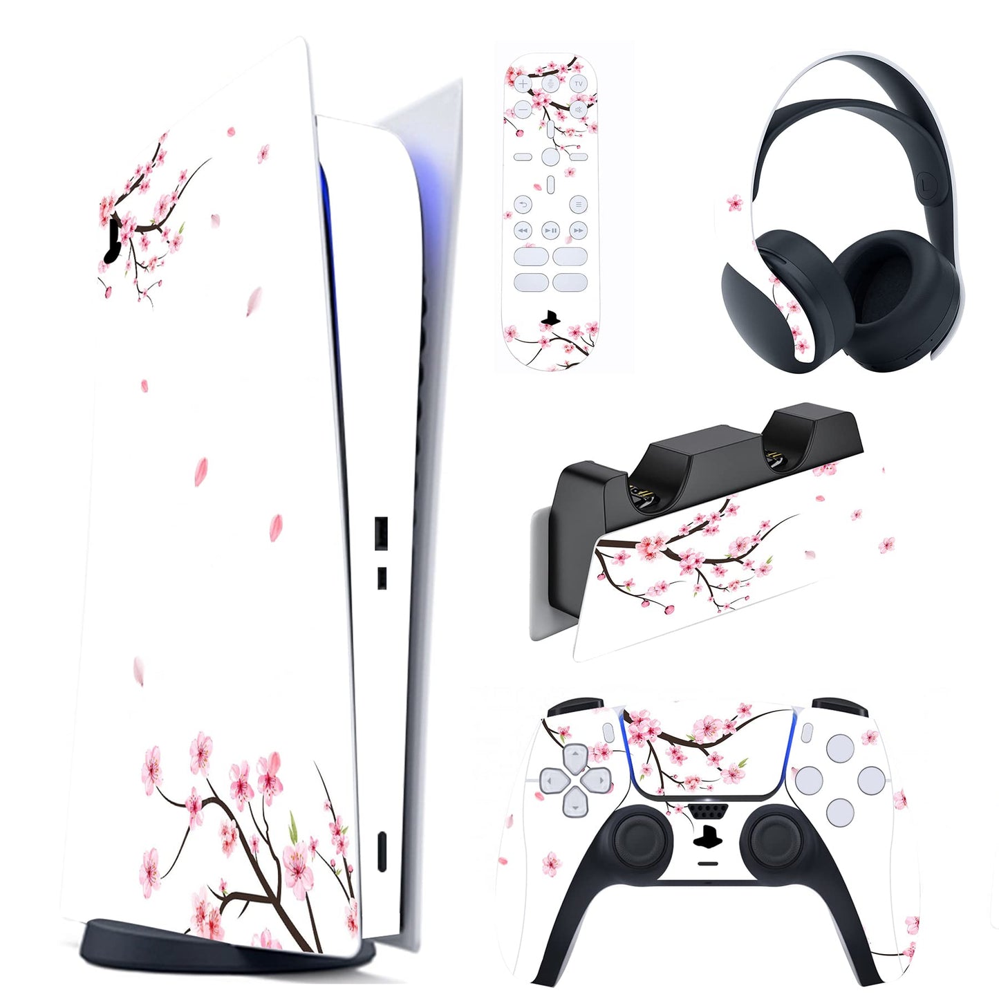 PlayVital Falling Cherry Blossom Full Set Skin Decal for ps5 Console Digital Edition Sticker Vinyl Decal Cover for ps5 Controller & Charging Station & Headset & Media Remote