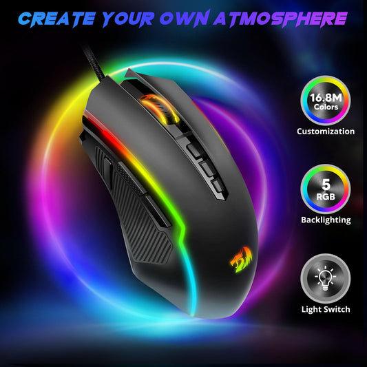 Redragon M910-K Wired Gaming Mouse, 8000 DPI, RGB Backlit, 9 Programmable Buttons, Black