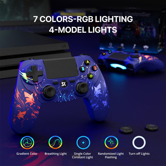 ISHAKO Wireless Controller for PS4 - Light-up Joystick with RGB, 1000mAh Battery, 3.5mm Audio Jack - Purple, 1 Pack