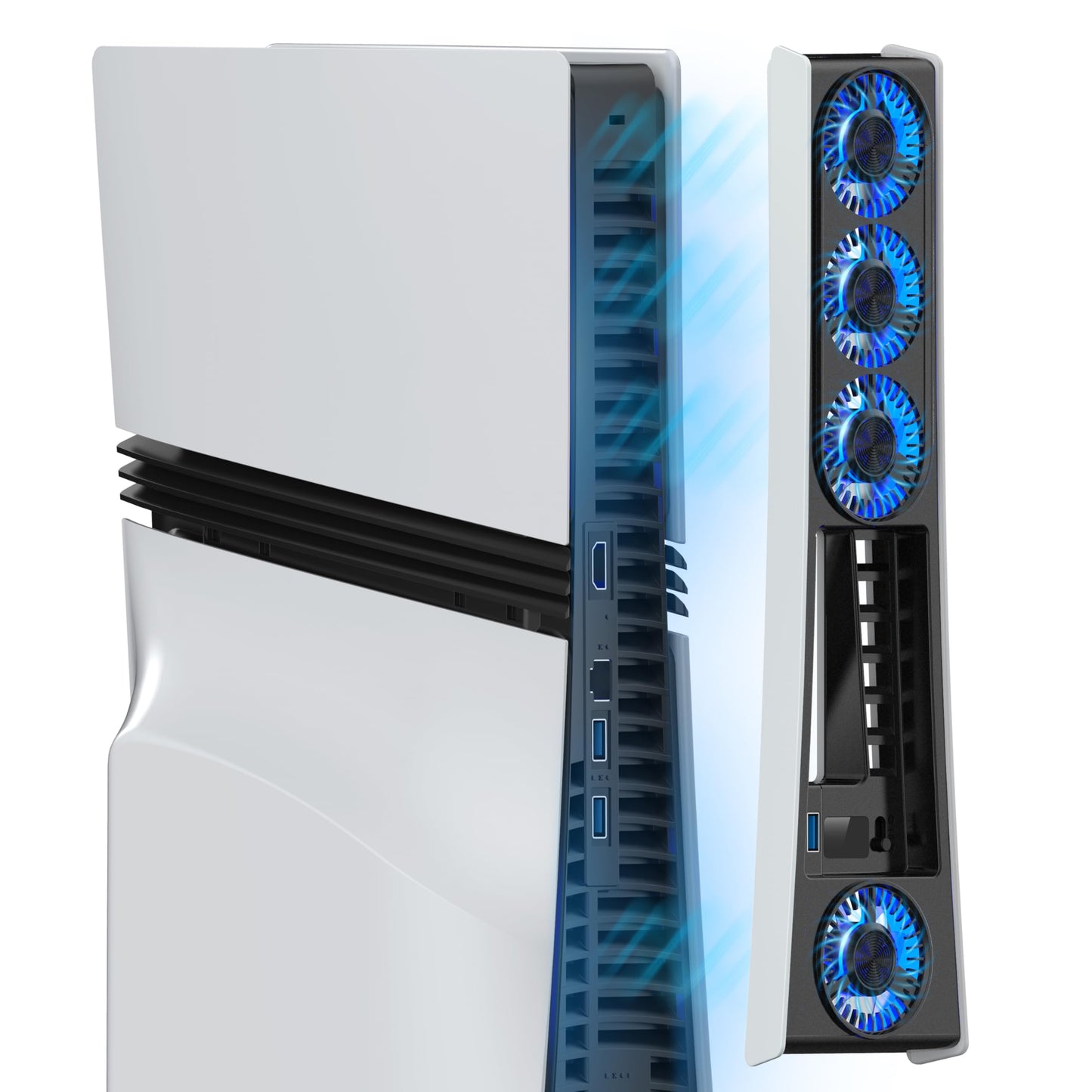 MEQI PS5 Pro Cooling Fan Enhanced Edition PS5 Pro Accessories Upgraded 4 Quiet Cooler Fan with Adjustable Speed and Auto On/Off Efficient Cooling Station with LED Light & USB Hubs for Playstation 5 Pro Disc & Digital Edition