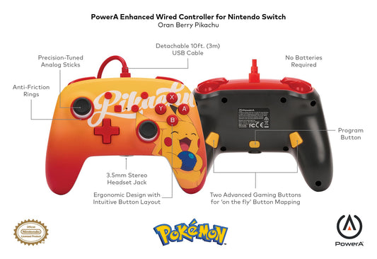 PowerA Enhanced Wired Controller for Nintendo Switch - Oran Berry Pikachu - Model 1522784-01 - Officially Licensed Gamepad