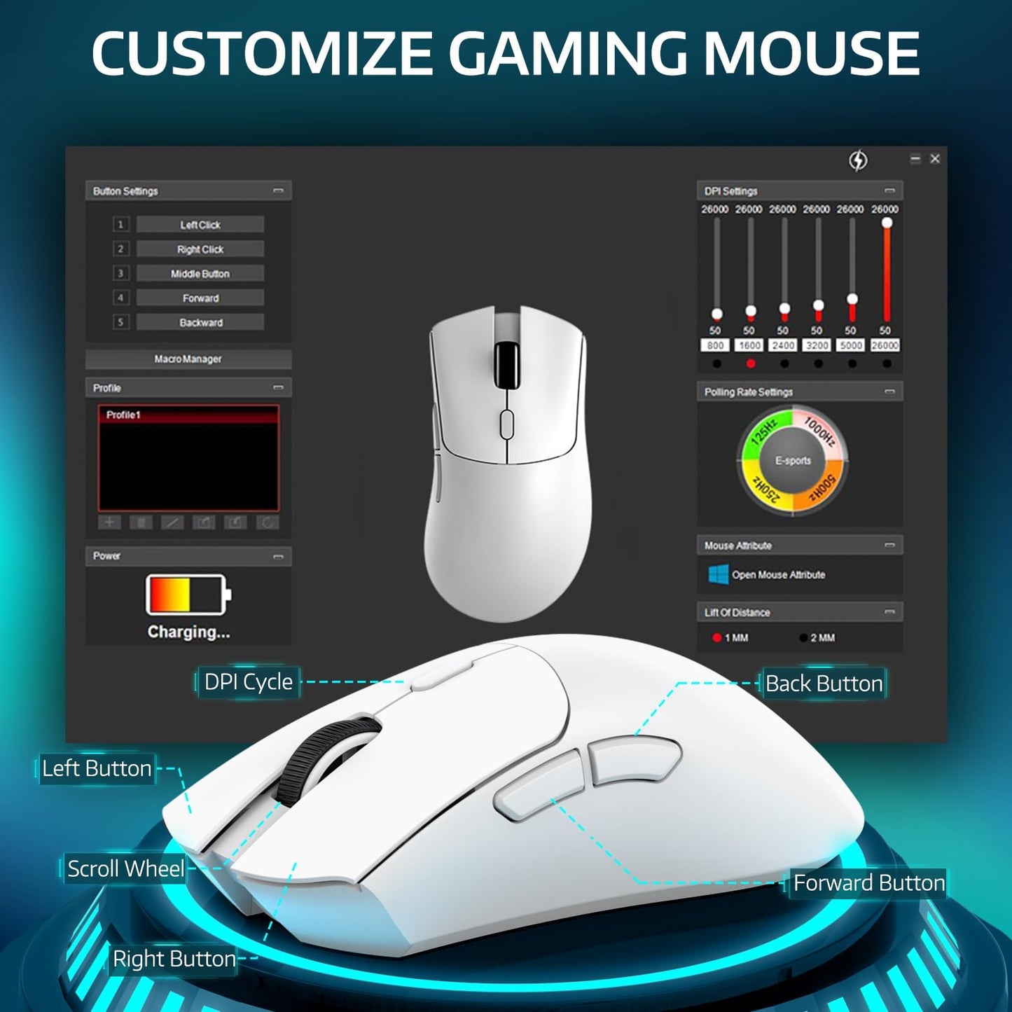 ATTACK SHARK R1 Wireless Gaming Mouse - 2.4G/Wired/BT5.2, 55g, 18K DPI, Ergonomic Design, White