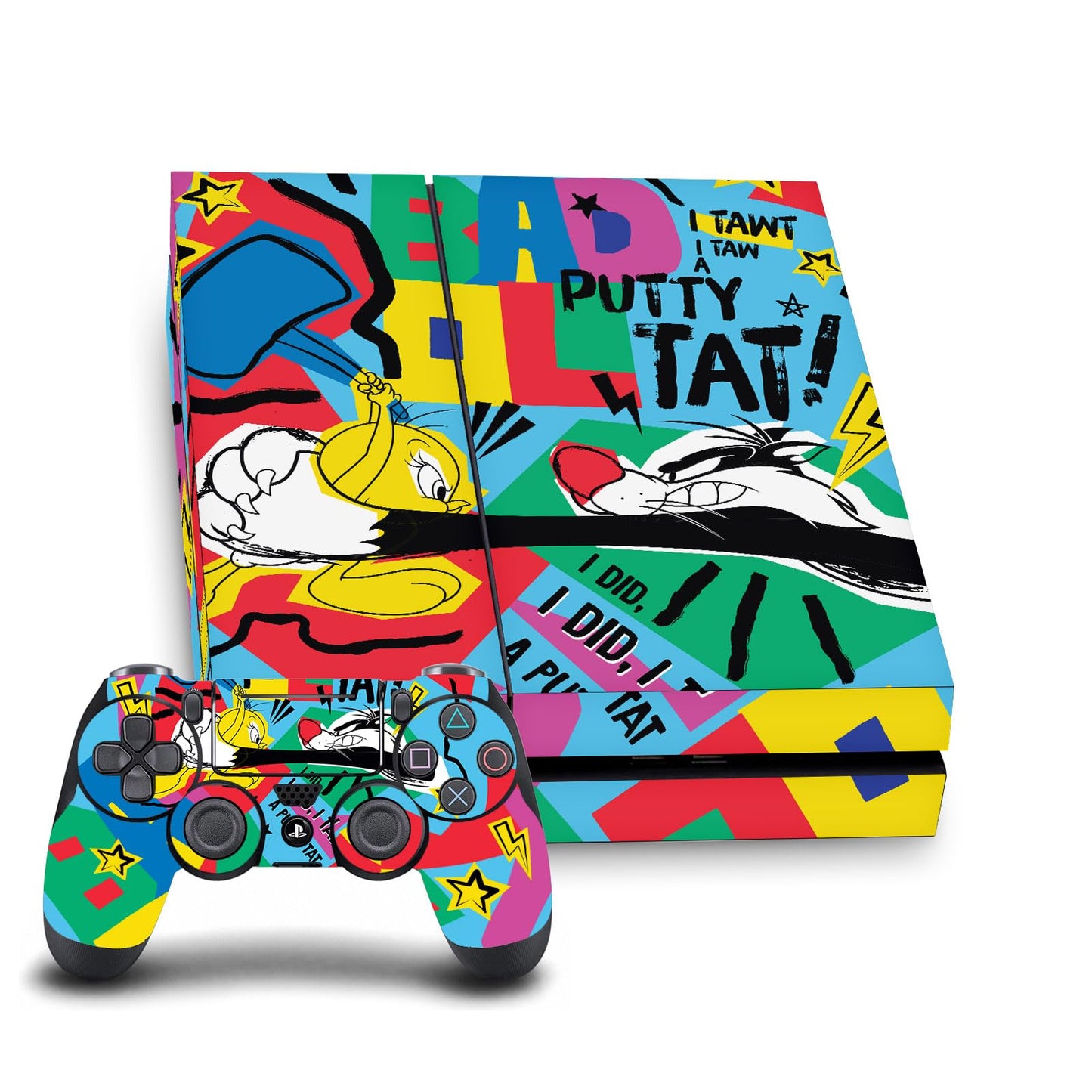 Head Case Designs Officially Licensed Looney Tunes Tweety And Sylvester Graphics and Characters Vinyl Gaming Skin Decal Compatible With Sony PlayStation 4 PS4 Console and DualShock 4 Controller Bundle