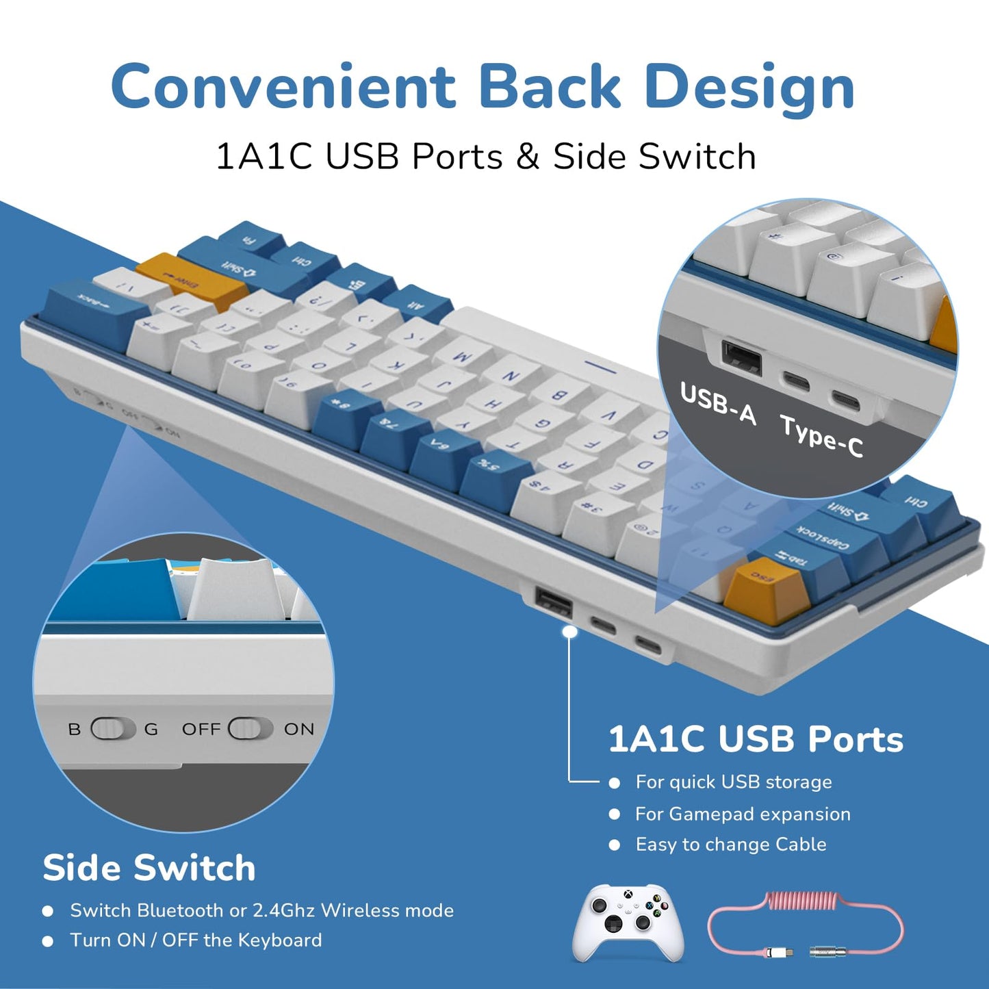 RK ROYAL KLUDGE RK61 Plus Wireless Mechanical Keyboard, 60% Gaming Keyboard, Bluetooth/2.4G/USB, White, Linear SkyCyan Switches