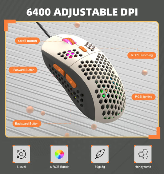 ZIYOU LANG Wired RGB Gaming Mouse - 65G Lightweight Honeycomb Design, 6400DPI Precision Sensor, 6 Programmable Buttons, Shimmer Color