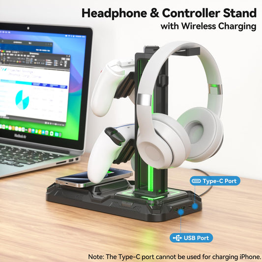 KDD Headphone & Controller Stand with Wireless Charging, Rotatable, 9 Light Modes, 2 USB & Type C Ports, Black - Model KDD-752W