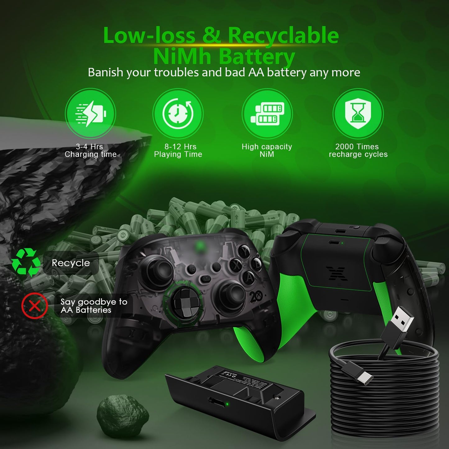 KEKUCULL Xbox Series S/X Controller Battery Pack - 1400 mAh Rechargeable with 8.2ft Charge Cable - Black1