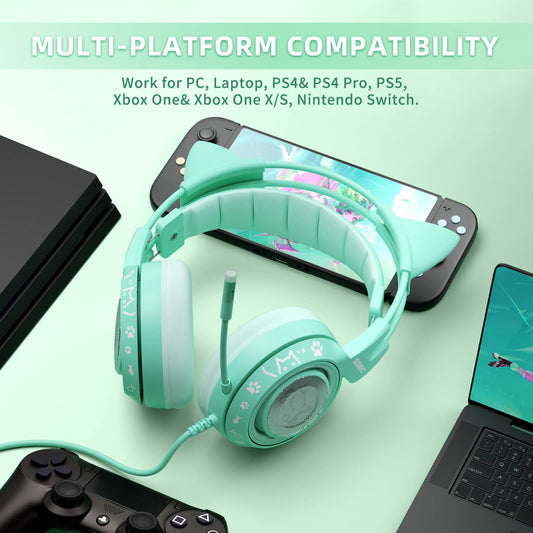 SOMIC G951S Green Gaming Headset - Cat Ear Over Ear Headphones with Microphone for PS4, PS5, Xbox One, PC, 3.5mm, Stereo Sound